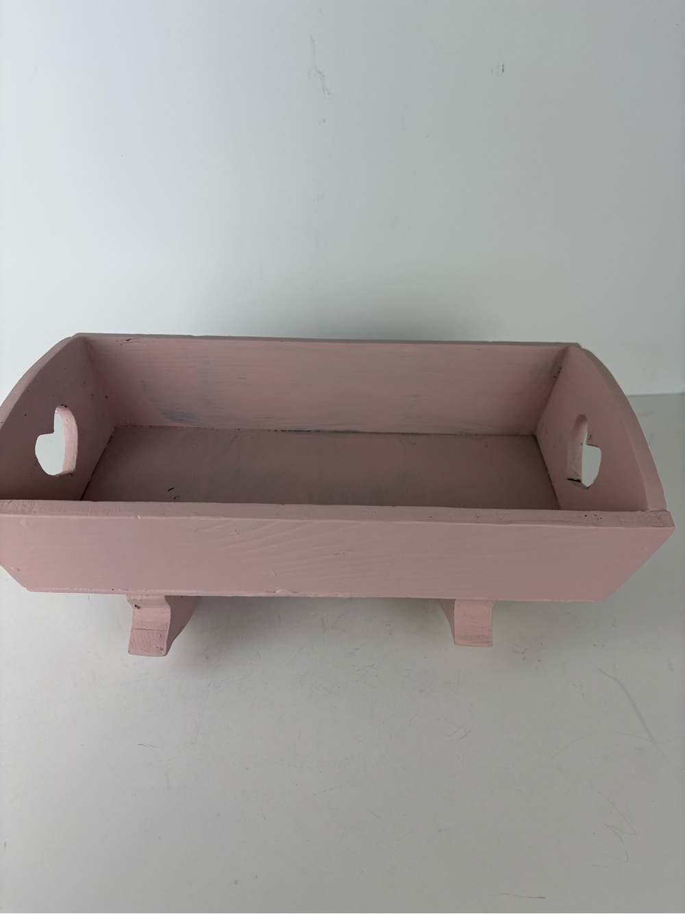 Small Wooden Doll Cradle-Pink Rose Color-Heart Cutout-Vintage